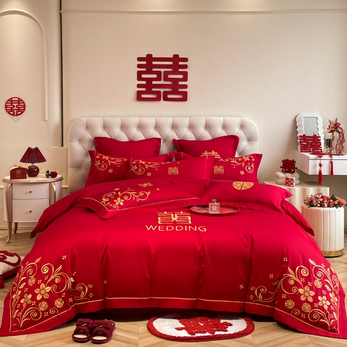 91家纺网 家纺一手货源 找家纺 欧乐蒂 2025新款亲肤棉婚庆刺绣四件套系列 金枝玉叶