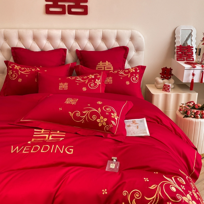 91家纺网 家纺一手货源 找家纺 欧乐蒂 2025新款亲肤棉婚庆刺绣四件套系列 金枝玉叶