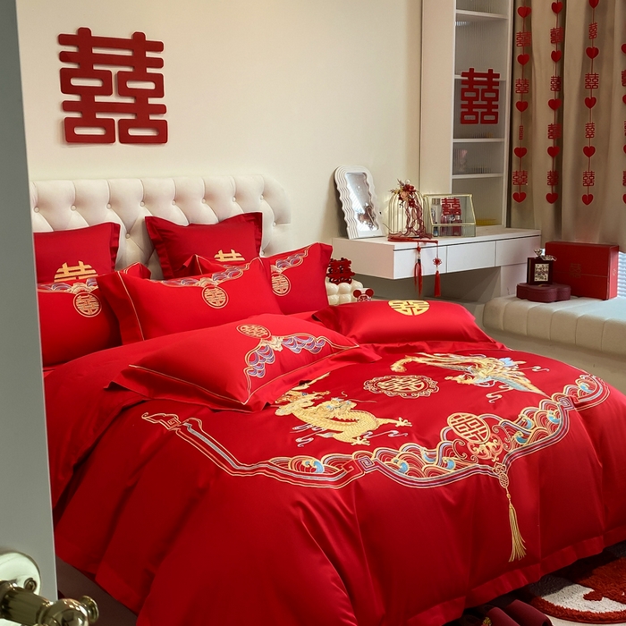 91家纺网 家纺一手货源 找家纺 欧乐蒂 2025新款亲肤棉婚庆刺绣四件套系列 龙凤瑞彩