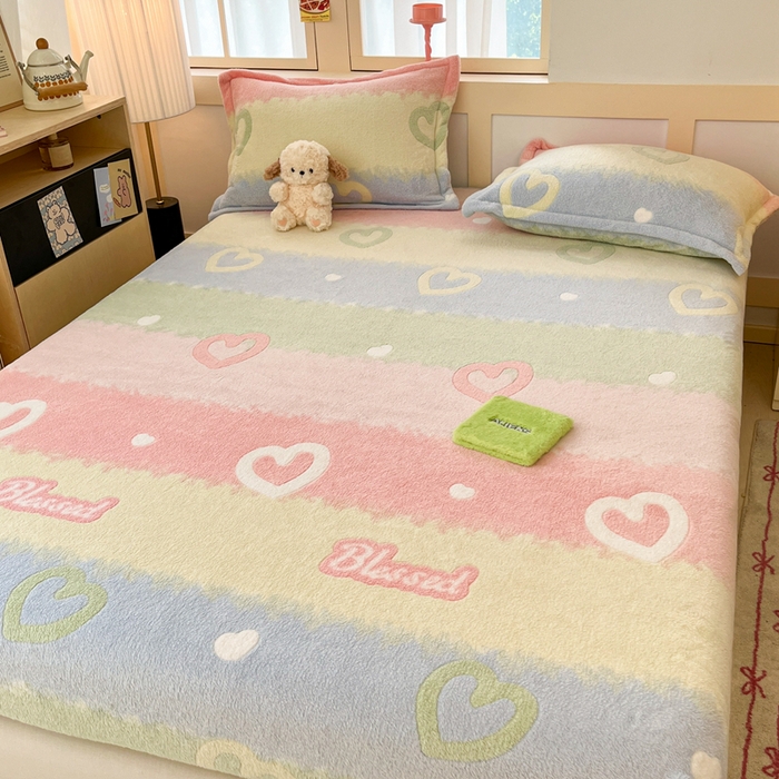 91家纺网 家纺一手货源 找家纺 川悦生活 2024新款高克重雪花绒加厚保暖床笠 床笠彩虹爱语