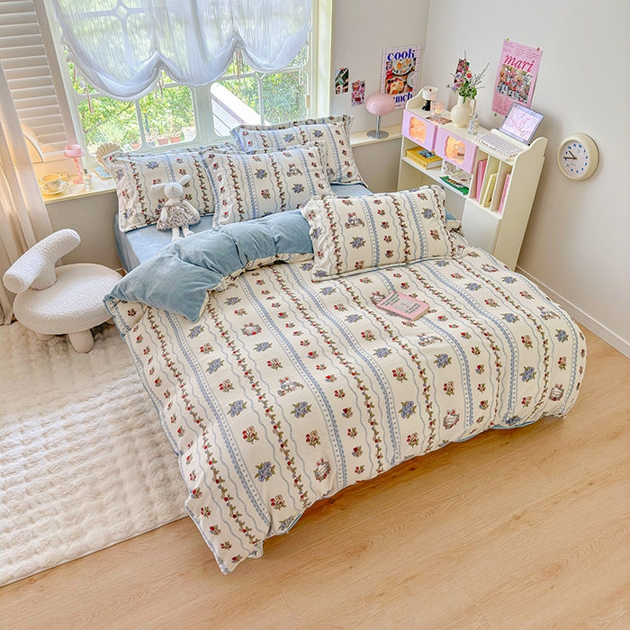 91家纺网 家纺一手货源 找家纺 呗旺鹿 2024新款高克重印花牛奶绒四件套 花间兔