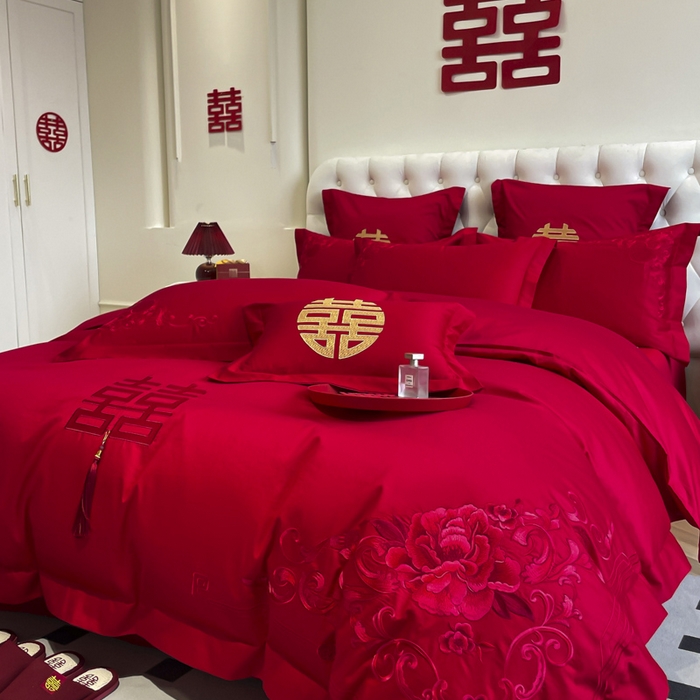 91家纺网 家纺一手货源 找家纺 欧乐蒂 2025新款亲肤棉婚庆刺绣四件套系列 花开富贵-红