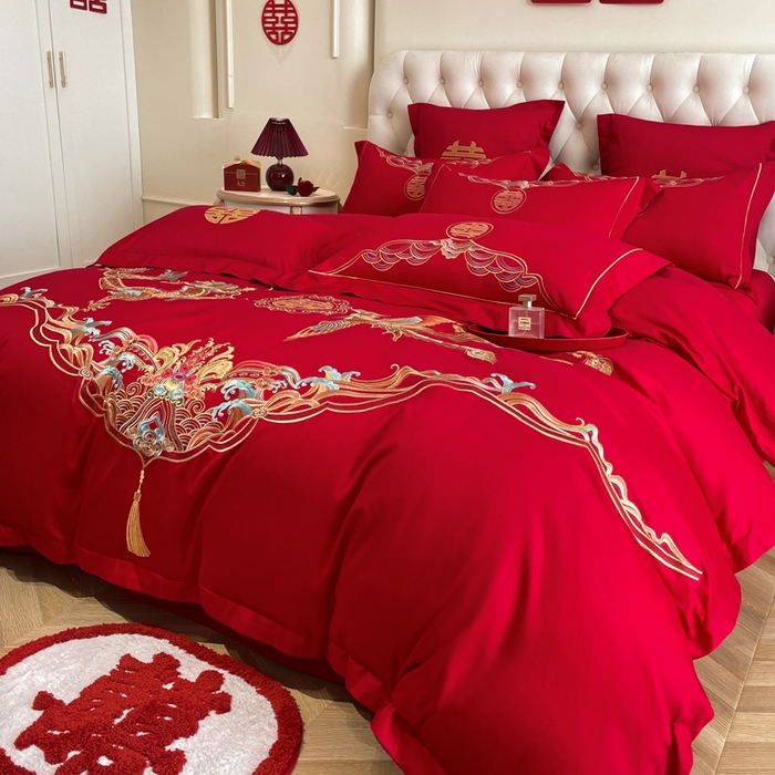 91家纺网 家纺一手货源 找家纺 欧乐蒂 2025新款亲肤棉婚庆刺绣四件套系列 龙姿风采