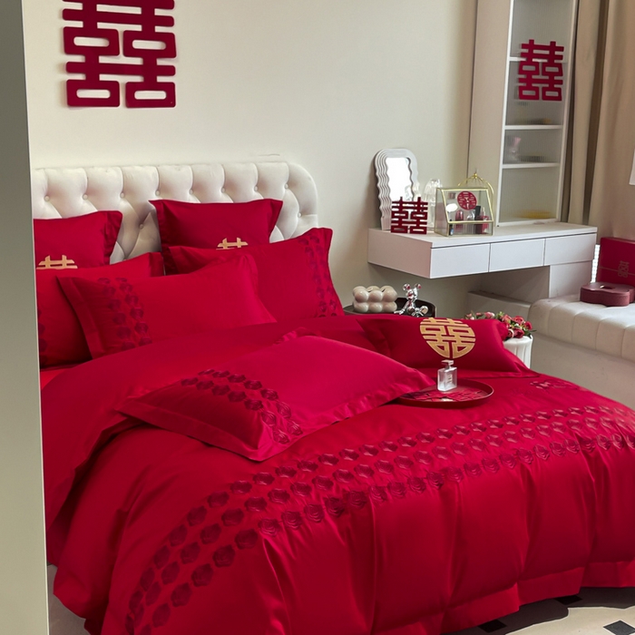 91家纺网 家纺一手货源 找家纺 欧乐蒂 2025新款亲肤棉婚庆刺绣四件套系列 水晶之恋