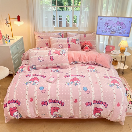 91家纺网 家纺一手货源 找家纺 （总）桃子家居 2024新款三丽鸥卡通加厚高克重200克牛奶绒系列四件套