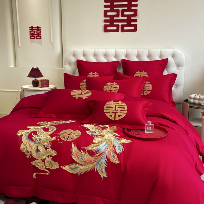 91家纺网 家纺一手货源 找家纺 欧乐蒂 2025新款亲肤棉婚庆刺绣四件套系列 欢喜龙凤