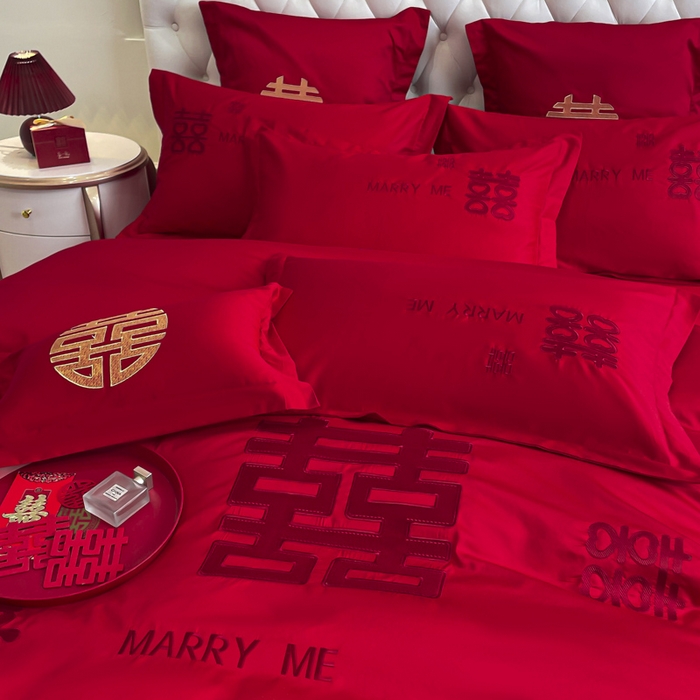 91家纺网 家纺一手货源 找家纺 欧乐蒂 2025新款亲肤棉婚庆刺绣四件套系列 大喜-红