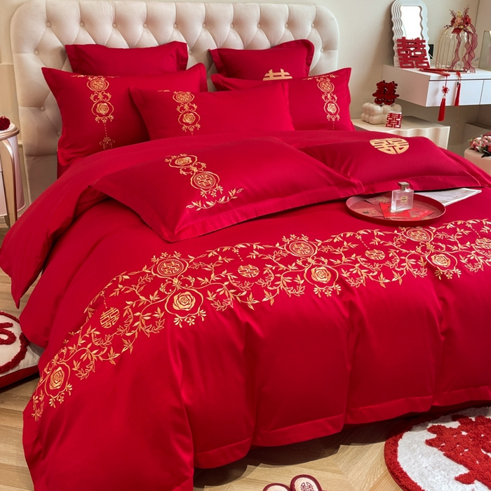 91家纺网 家纺一手货源 找家纺 欧乐蒂 2025新款亲肤棉婚庆刺绣四件套系列 浪漫喜事