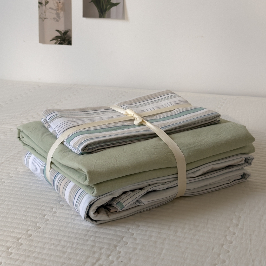 91家纺网 家纺一手货源 找家纺 久典家居 2024新款水洗棉条纹系列单被套 沐妍绿