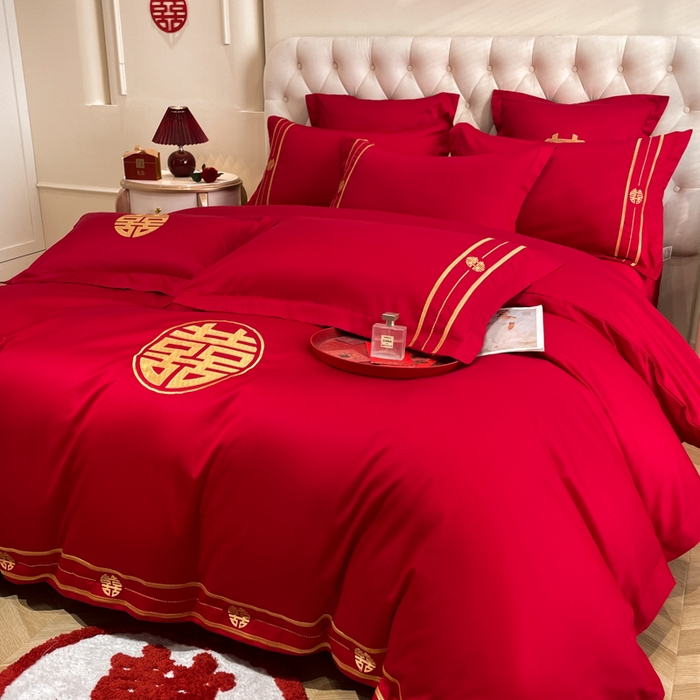 91家纺网 家纺一手货源 找家纺 欧乐蒂 2025新款亲肤棉婚庆刺绣四件套系列 爱恋