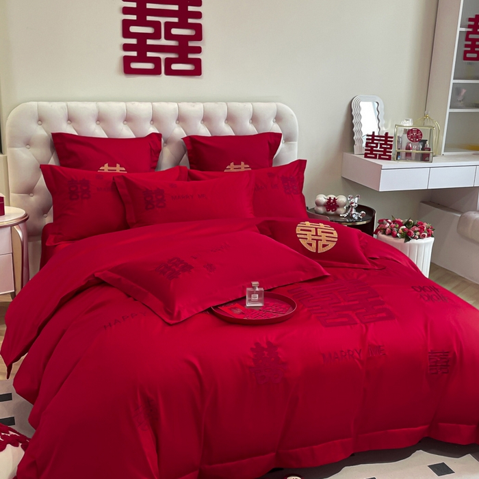 91家纺网 家纺一手货源 找家纺 欧乐蒂 2025新款亲肤棉婚庆刺绣四件套系列 大喜-红
