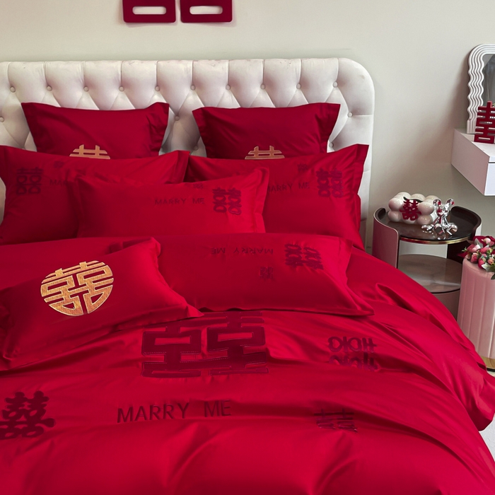 91家纺网 家纺一手货源 找家纺 欧乐蒂 2025新款亲肤棉婚庆刺绣四件套系列 大喜-红