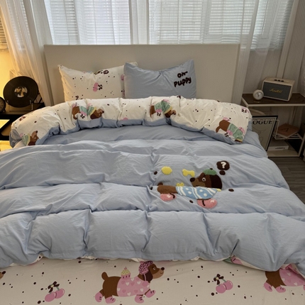 91家纺网 家纺一手货源 找家纺 奈颜 2024新款高克重印花毛巾绣爆款四件套-实拍图第二组 顽皮狗-浅蓝