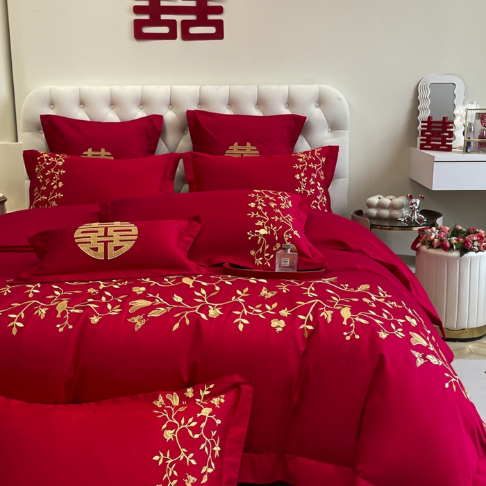 91家纺网 家纺一手货源 找家纺 欧乐蒂 2025新款亲肤棉婚庆刺绣四件套系列 喜上枝头