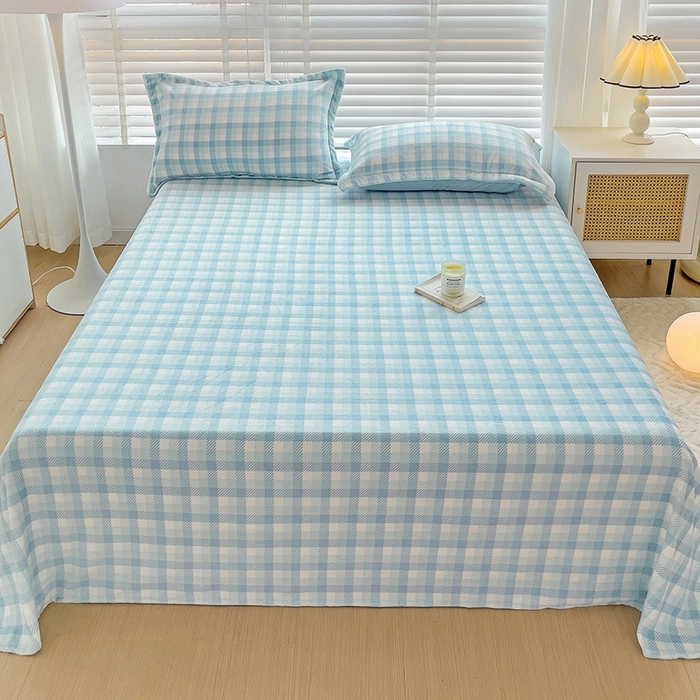 91家纺网 家纺一手货源 找家纺 简一 2024新款牛奶绒无印风ins风方格系列-单床单 无印风方格方格-浅蓝