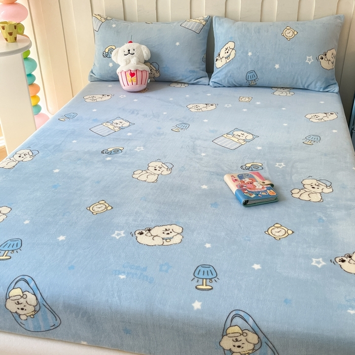 91家纺网 家纺一手货源 找家纺  星座家纺 2025新款小清新牛奶绒单床笠 早安狗