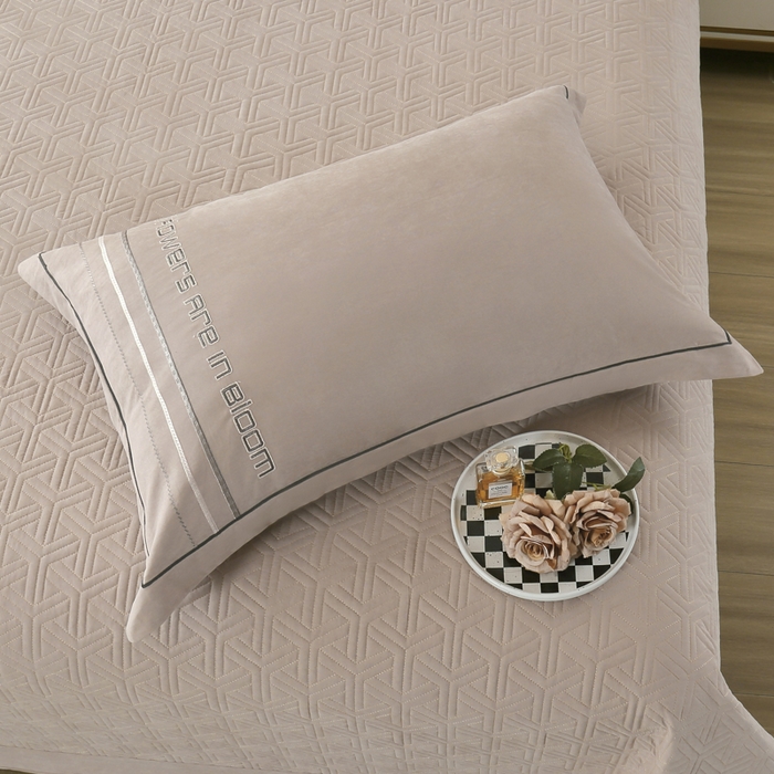 91家纺网 家纺一手货源 找家纺 OL家纺 2024新款磨毛暖绒床盖夹棉四件套刺绣轻奢风 奶咖色