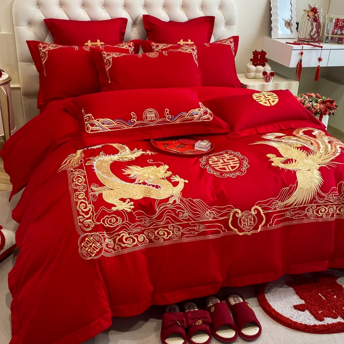 91家纺网 家纺一手货源 找家纺 欧乐蒂 2025新款亲肤棉婚庆刺绣四件套系列 龙腾凤跃