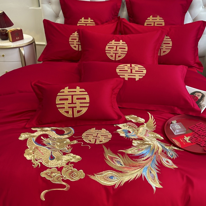 91家纺网 家纺一手货源 找家纺 欧乐蒂 2025新款亲肤棉婚庆刺绣四件套系列 欢喜龙凤