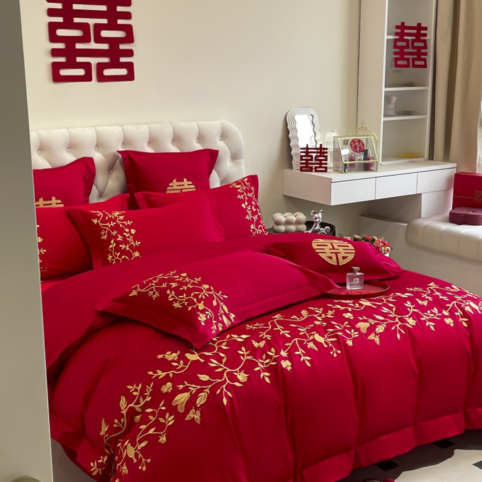 91家纺网 家纺一手货源 找家纺 欧乐蒂 2025新款亲肤棉婚庆刺绣四件套系列 喜上枝头