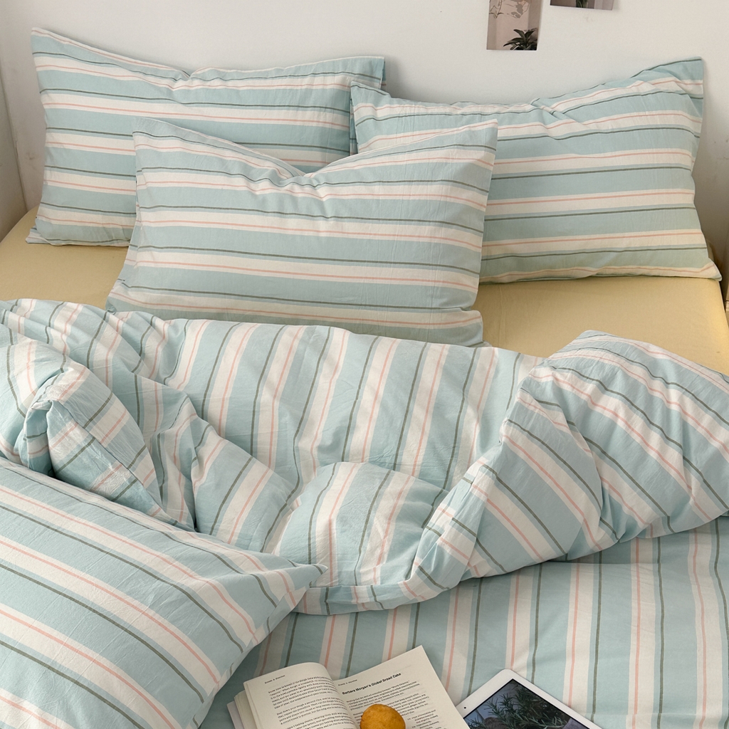 91家纺网 家纺一手货源 找家纺 久典家居 2024新款水洗棉条纹系列单被套 童话蓝