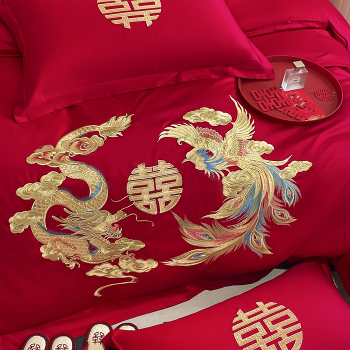 91家纺网 家纺一手货源 找家纺 欧乐蒂 2025新款亲肤棉婚庆刺绣四件套系列 欢喜龙凤