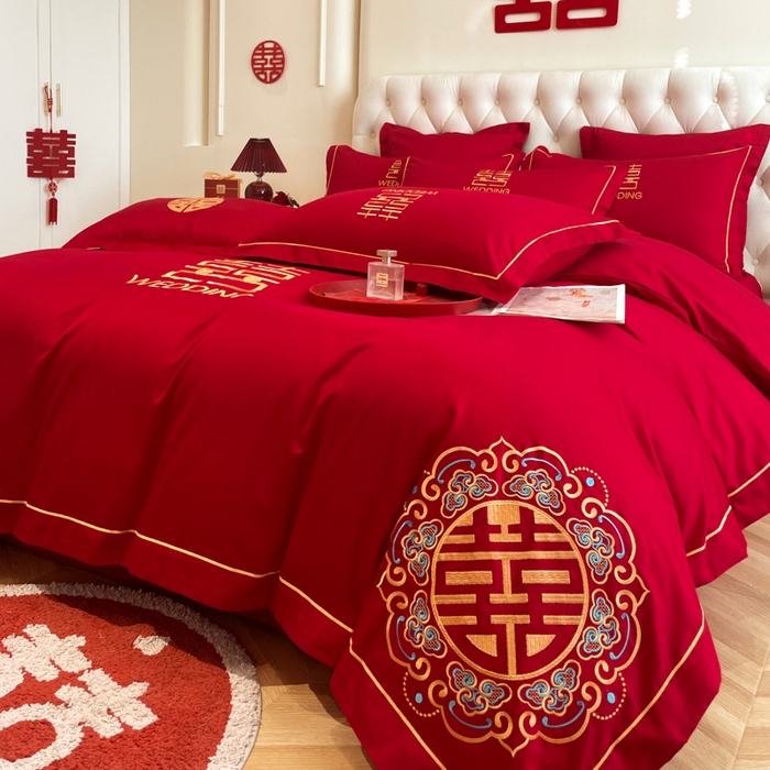 91家纺网 家纺一手货源 找家纺 欧乐蒂 2025新款亲肤棉婚庆刺绣四件套系列 双喜临门