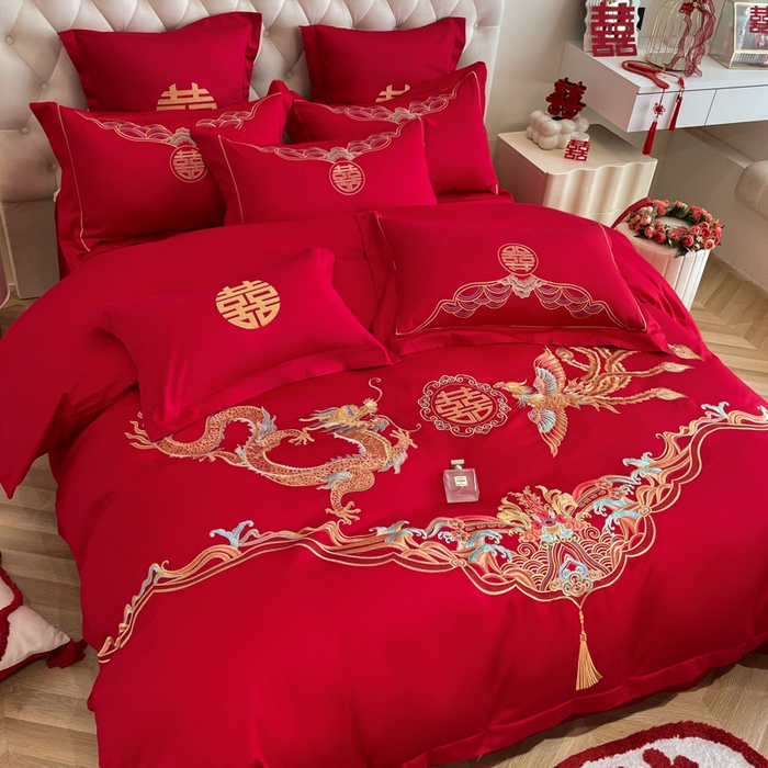 91家纺网 家纺一手货源 找家纺 欧乐蒂 2025新款亲肤棉婚庆刺绣四件套系列 龙姿风采