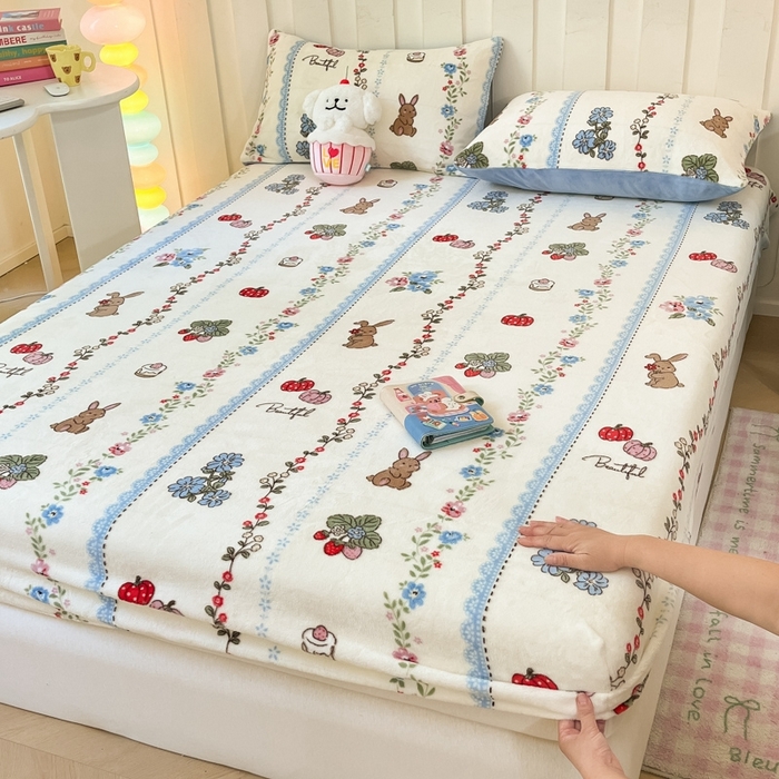 91家纺网 家纺一手货源 找家纺  星座家纺 2025新款小清新牛奶绒单床笠 动物小花