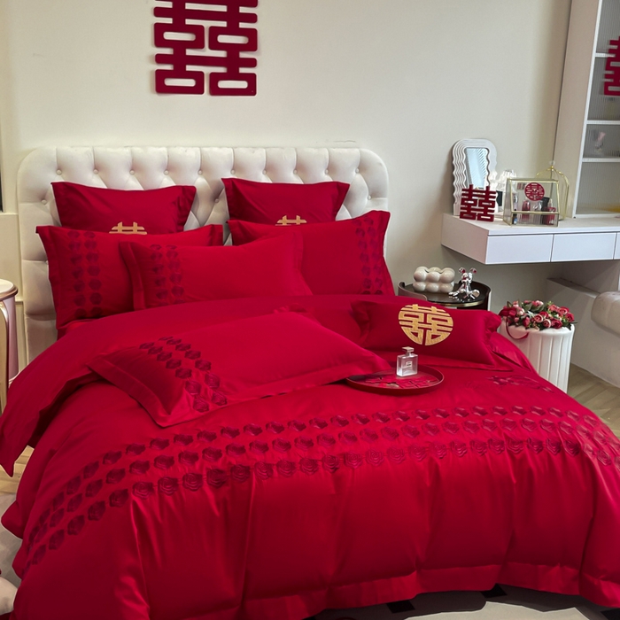 91家纺网 家纺一手货源 找家纺 欧乐蒂 2025新款亲肤棉婚庆刺绣四件套系列 水晶之恋