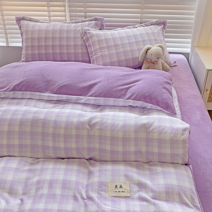 91家纺网 家纺一手货源 找家纺 简一 2025新款牛奶绒无印风ins风方格系列-四件套 无印风方格方格-浅紫