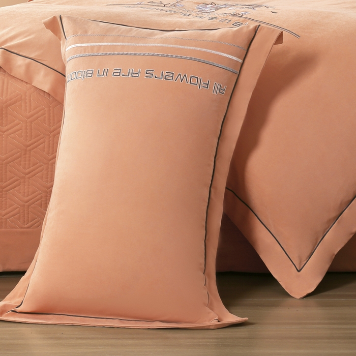 91家纺网 家纺一手货源 找家纺 OL家纺 2024新款磨毛暖绒床盖夹棉四件套刺绣轻奢风 橘黄色