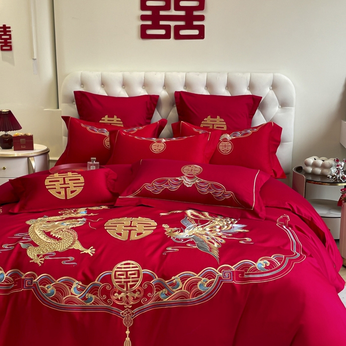 91家纺网 家纺一手货源 找家纺 欧乐蒂 2025新款亲肤棉婚庆刺绣四件套系列 龙凤瑞彩2