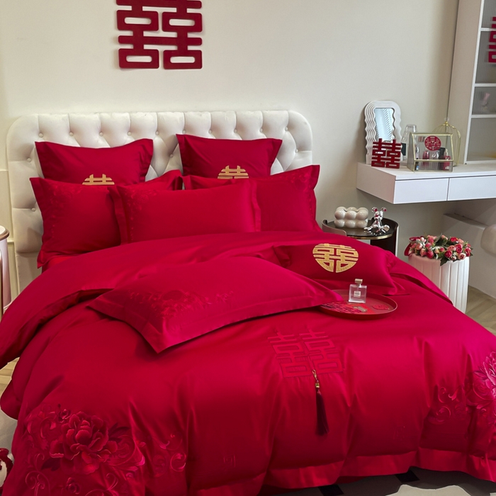 91家纺网 家纺一手货源 找家纺 欧乐蒂 2025新款亲肤棉婚庆刺绣四件套系列 花开富贵-红