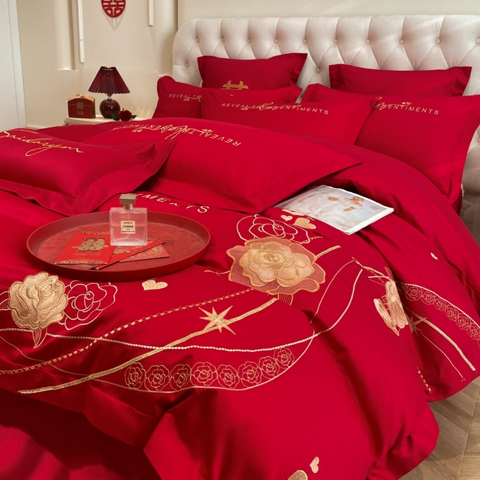 91家纺网 家纺一手货源 找家纺 欧乐蒂 2025新款亲肤棉婚庆刺绣四件套系列 玫瑰爱恋