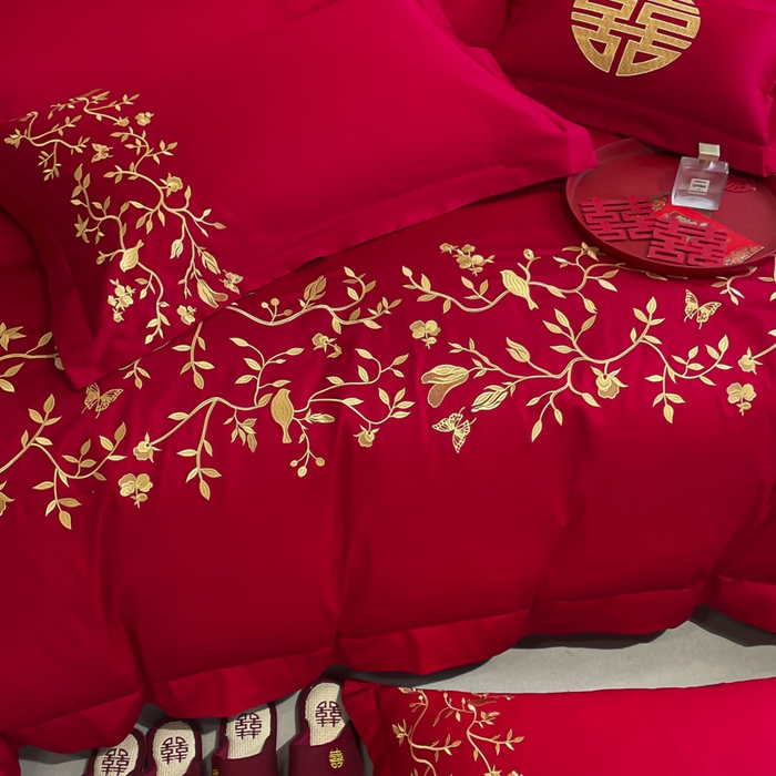 91家纺网 家纺一手货源 找家纺 欧乐蒂 2025新款亲肤棉婚庆刺绣四件套系列 喜上枝头