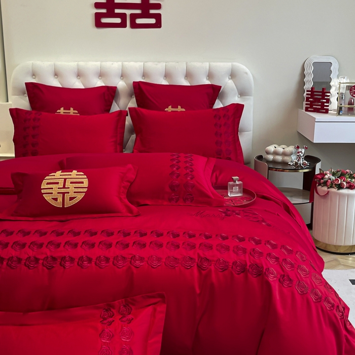 91家纺网 家纺一手货源 找家纺 欧乐蒂 2025新款亲肤棉婚庆刺绣四件套系列 水晶之恋