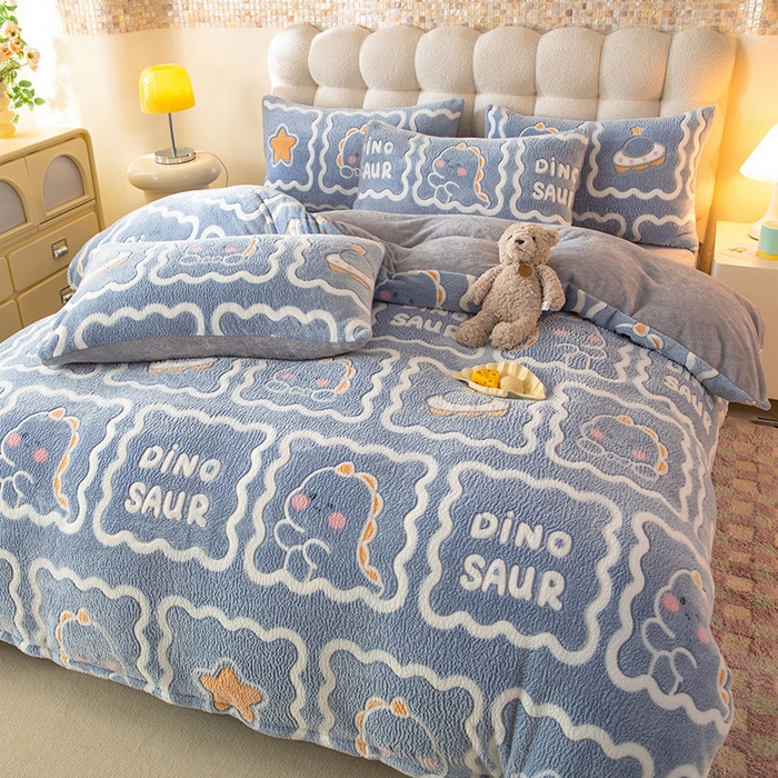 91家纺网 家纺一手货源 找家纺 慕梵家居 2024新款雪花绒卡通四件套 恐龙蓝