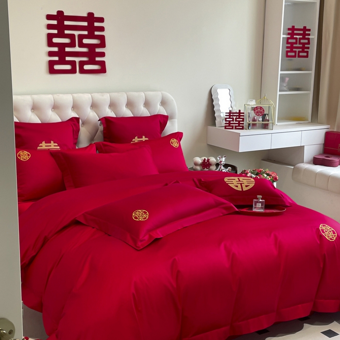 91家纺网 家纺一手货源 找家纺 欧乐蒂 2025新款亲肤棉婚庆刺绣四件套系列 唯一