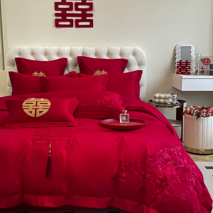 91家纺网 家纺一手货源 找家纺 欧乐蒂 2025新款亲肤棉婚庆刺绣四件套系列 花开富贵-红