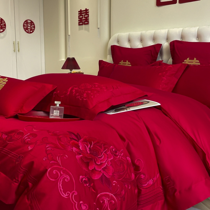 91家纺网 家纺一手货源 找家纺 欧乐蒂 2025新款亲肤棉婚庆刺绣四件套系列 花开富贵-红