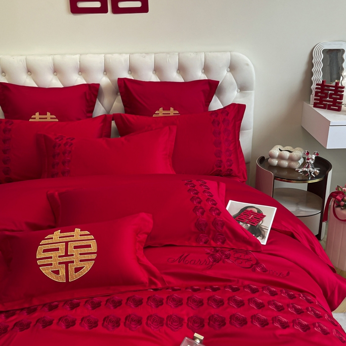 91家纺网 家纺一手货源 找家纺 欧乐蒂 2025新款亲肤棉婚庆刺绣四件套系列 水晶之恋