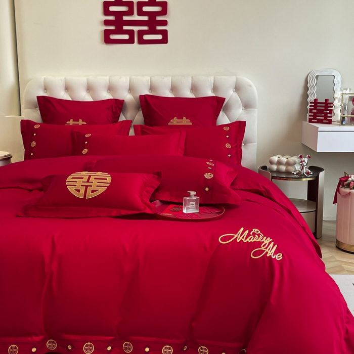 91家纺网 家纺一手货源 找家纺 欧乐蒂 2025新款亲肤棉婚庆刺绣四件套系列 爱相随