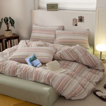 久典家居 2024新款水洗棉条纹系列四件套 沐妍粉