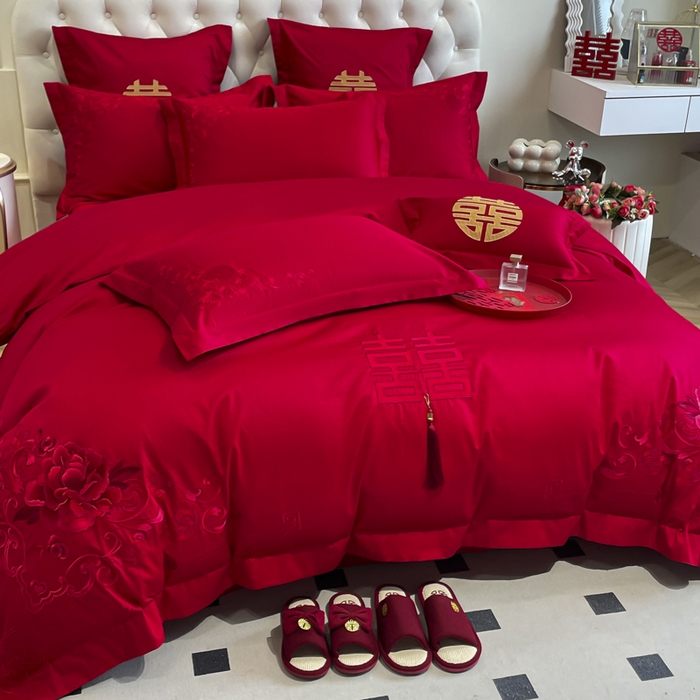 91家纺网 家纺一手货源 找家纺 欧乐蒂 2025新款亲肤棉婚庆刺绣四件套系列 花开富贵-红