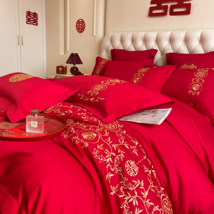 91家纺网 家纺一手货源 找家纺 欧乐蒂 2025新款亲肤棉婚庆刺绣四件套系列 浪漫喜事