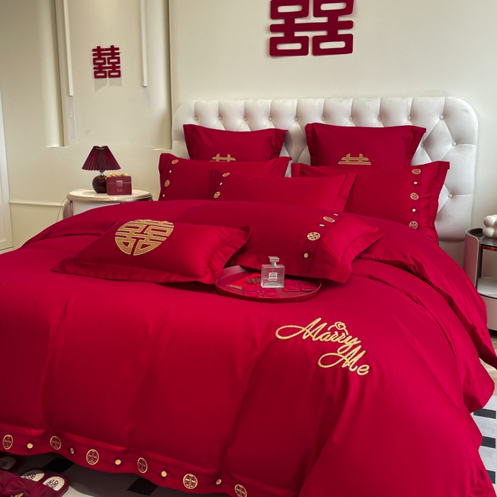 91家纺网 家纺一手货源 找家纺 欧乐蒂 2025新款亲肤棉婚庆刺绣四件套系列 爱相随