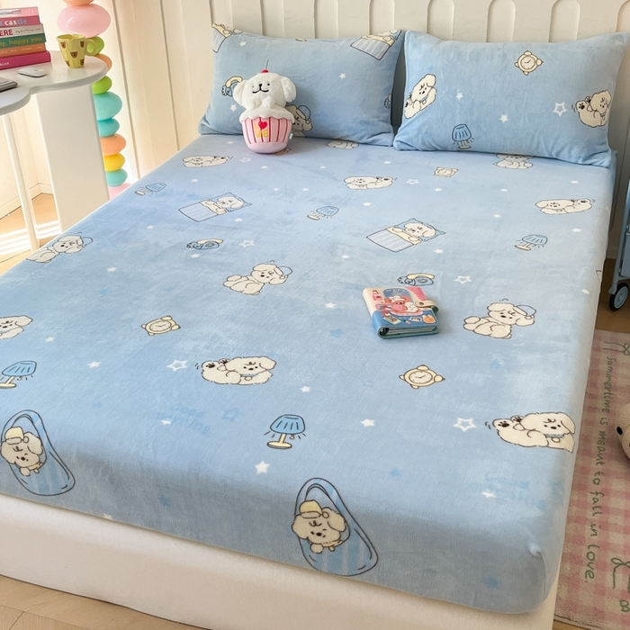 91家纺网 家纺一手货源 找家纺  星座家纺 2025新款小清新牛奶绒单床笠 早安狗