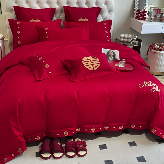 91家纺网 家纺一手货源 找家纺 欧乐蒂 2025新款亲肤棉婚庆刺绣四件套系列 爱相随