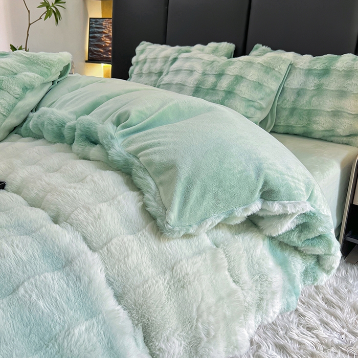 91家纺网 家纺一手货源 找家纺 金爱家 2024新品全消光A类纯色獭兔毛绒立体牛奶绒四件套-七彩泡泡 七彩泡泡绿